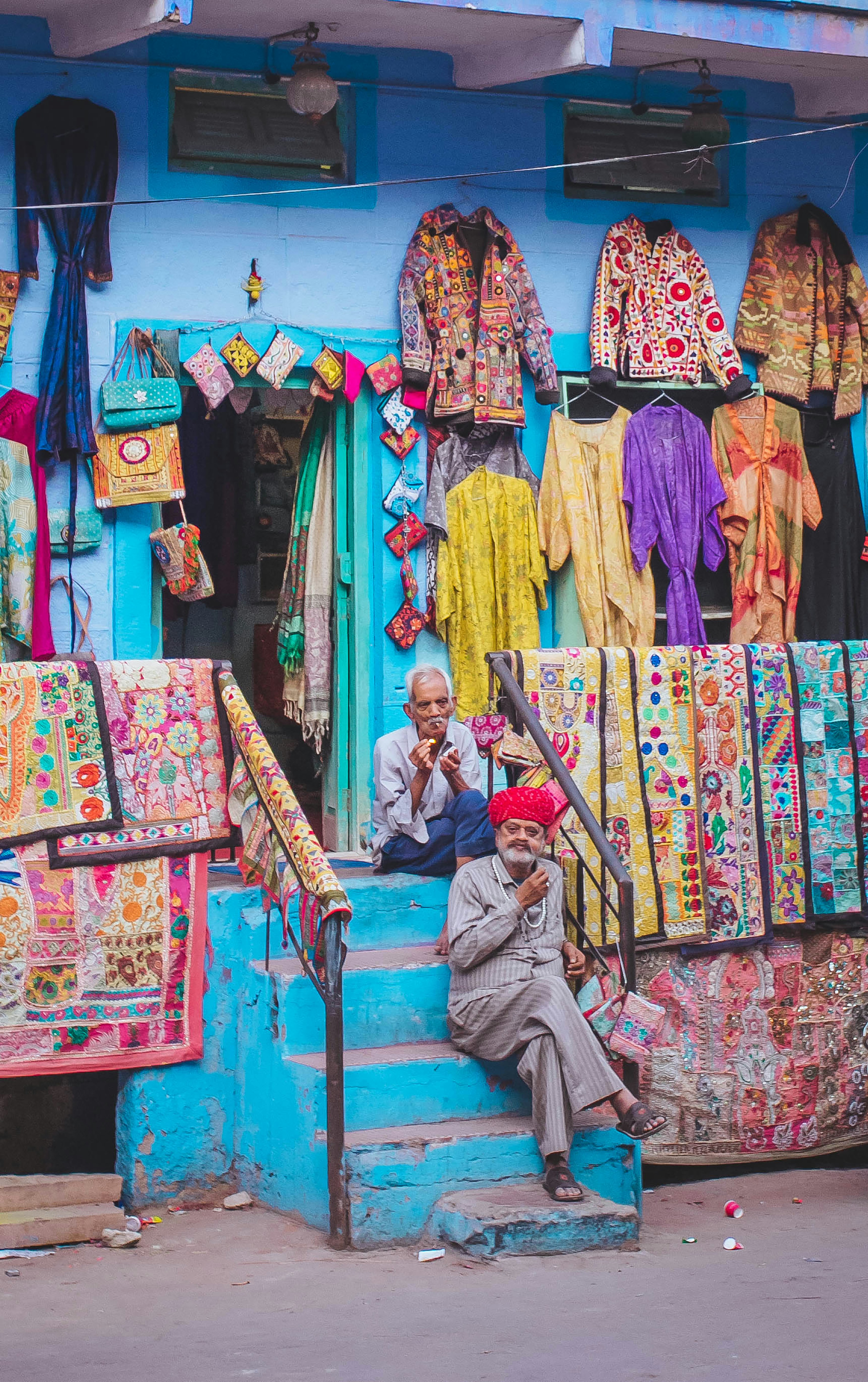 Colourful textiles and handicrafts displayed in a Jodhpur market
